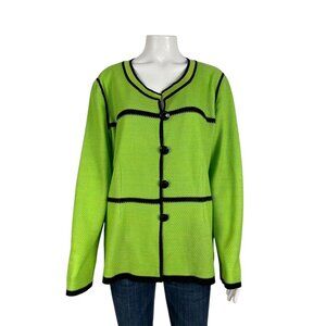 Misook Knit Cardigan Sweater XL Green Button Black Trim Jacket